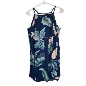 Tropical Palm Leaf High Neck Mini Dress Navy Blue Green Medium